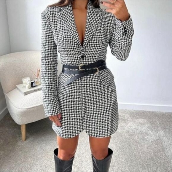 ZARA | Open Back Blazer Dress in Black/White Houndstooth - Picture 11 of 13